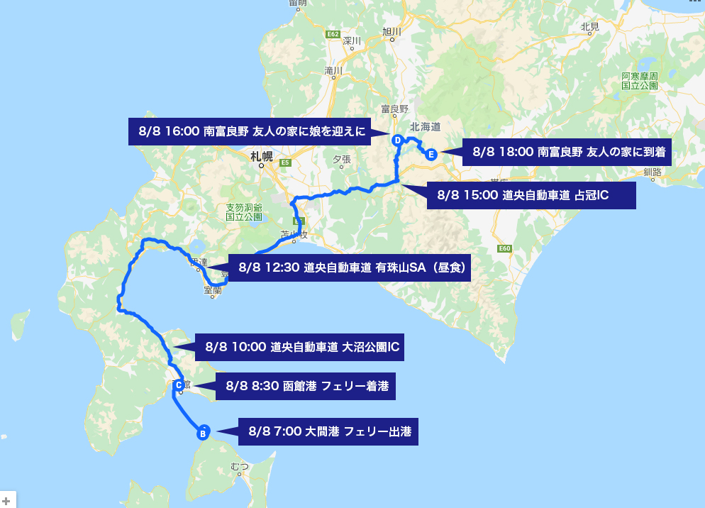 北海道一周車中泊の旅 2日目 ルートマップ